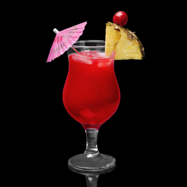 Czerwony drink z parasolką i ananasem.